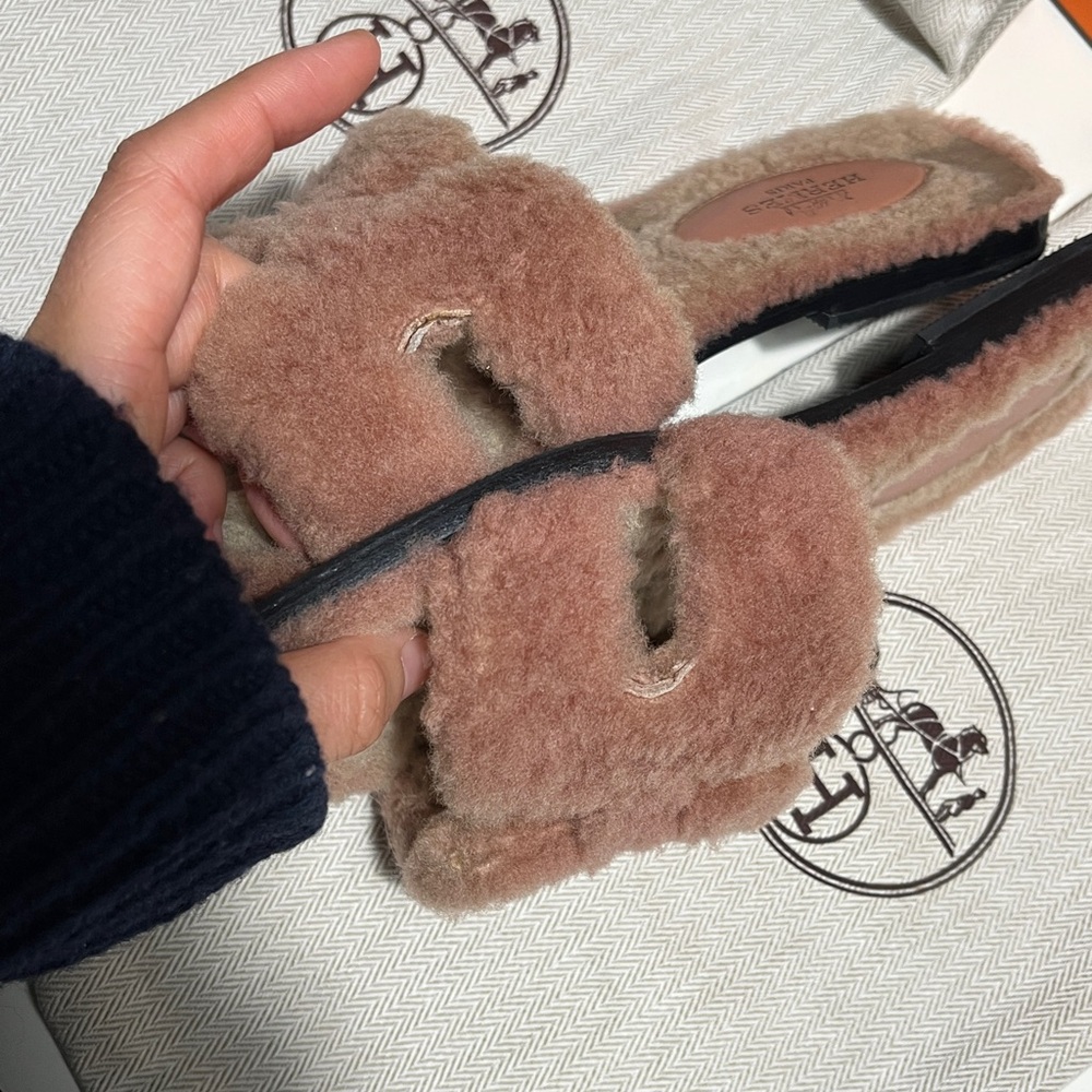 Hermès Shearling Slippers in Pink and Tan - Picture 5 of 9